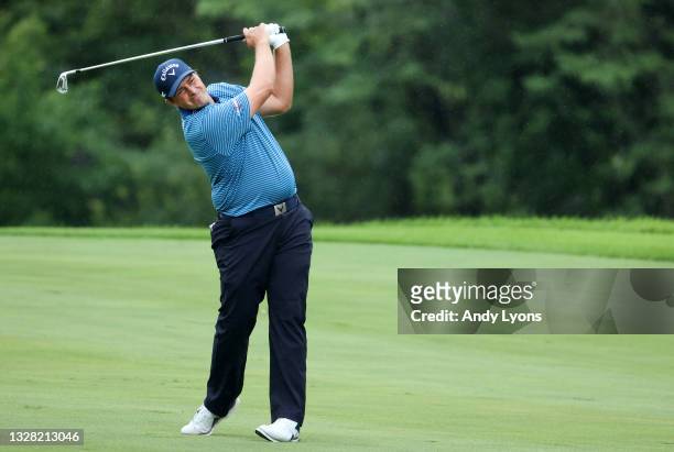 Brian Stuard plays his second shot on the 15th hole during the final round of the John Deere Classic at TPC Deere Run on July 11, 2021 in Silvis,...