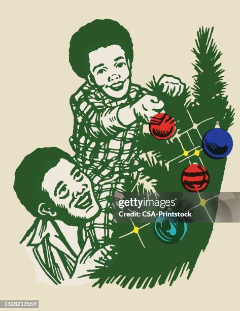 dekorieren ein weihnachtsbaum - weihnachtsbaum schmücken stock-grafiken, -clipart, -cartoons und -symbole