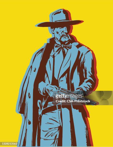 ilustraciones, imágenes clip art, dibujos animados e iconos de stock de hombre sosteniendo una escopeta - cowboy