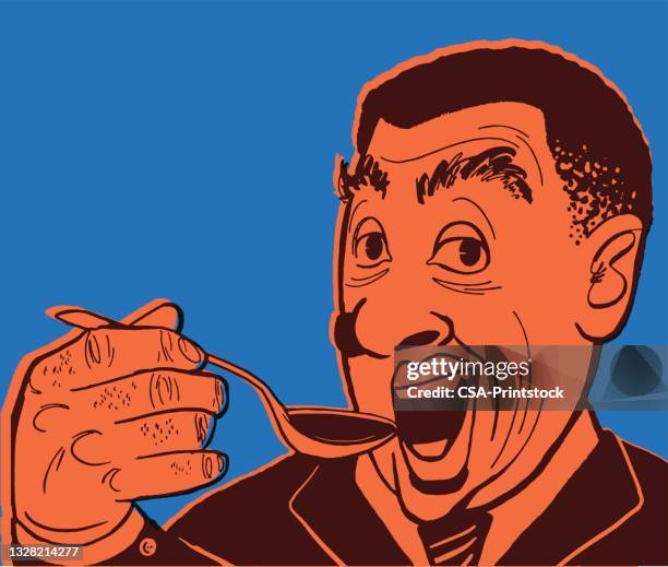 man eating with a spoon - man eyebrows stock illustrations