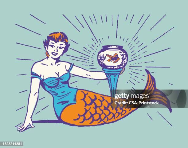 mermaid and fishbowl - pin up girl stock illustrations