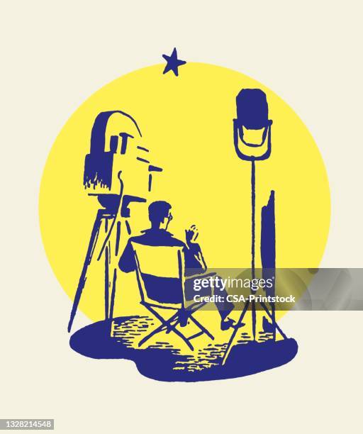 behind a movie director and camera - film director chair stock illustrations