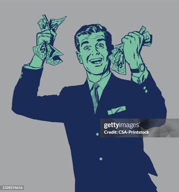 stockillustraties, clipart, cartoons en iconen met surprised man holding cash - bonusuitkering