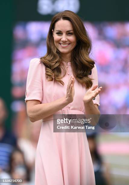 Catherine, Duchess of Cambridge attends day 13 of the Wimbledon Tennis Championships at All England Lawn Tennis and Croquet Club on July 11, 2021 in...
