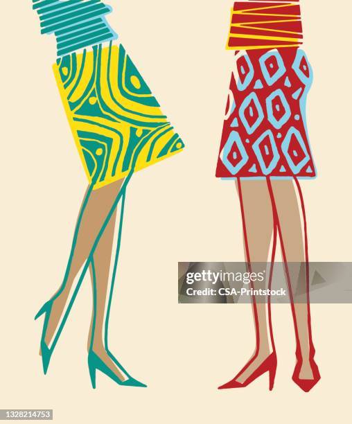 two woman wearing skirts and high heels - vintage nylon stockings stock illustrations