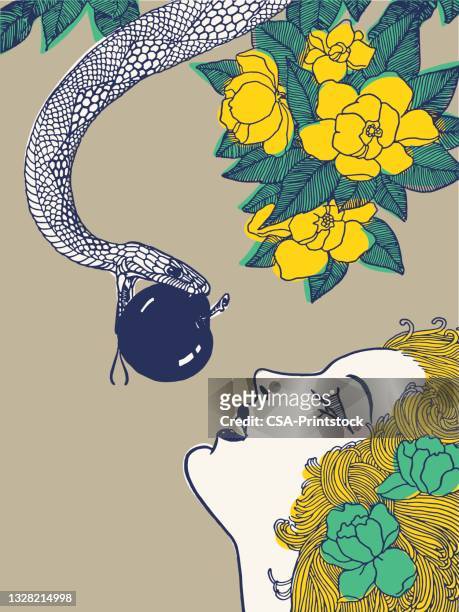 illustrazioni stock, clip art, cartoni animati e icone di tendenza di serpente che tenta una donna con una mela - seduzione