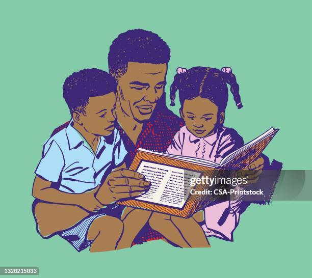 father reading to children - bedtime story book stock illustrations