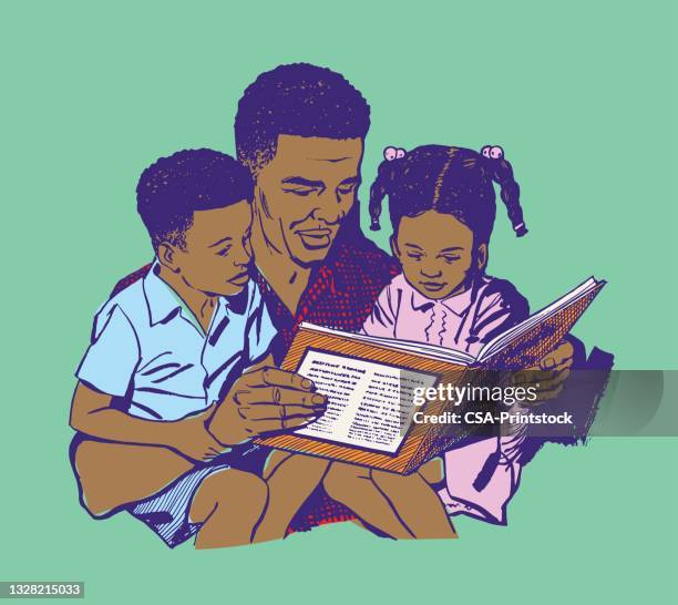 father reading to children - black family stock illustrations