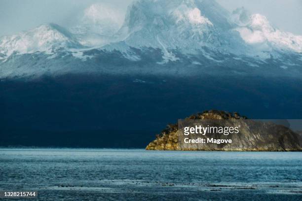 landschaft einer insel im ozean mit schneebedeckten bergen im hintergrund - argentinien island stock-fotos und bilder