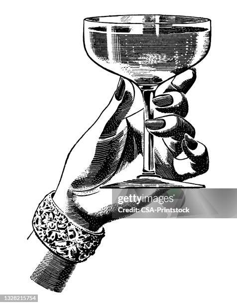 woman's hand holding champagne glass - fingernail-clubbing stock illustrations