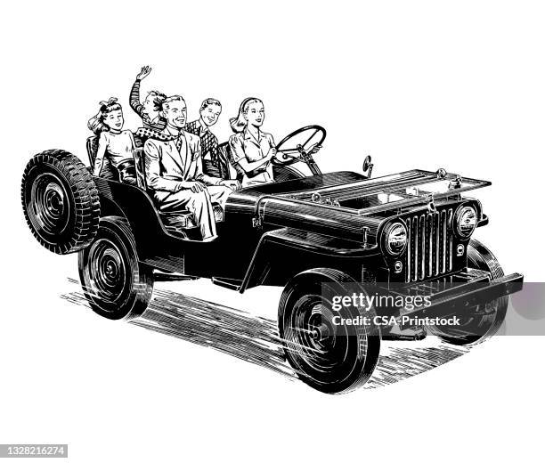 illustrations, cliparts, dessins animés et icônes de équitation familiale en cabriolet - couple conduire voiture