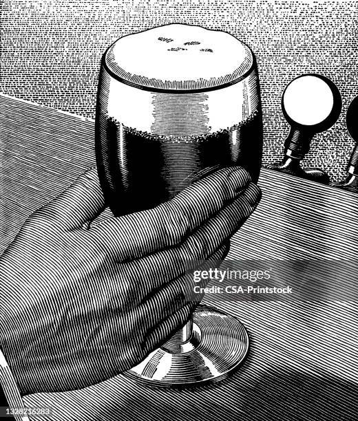 hand on glass of beer - man drinking alone stock illustrations