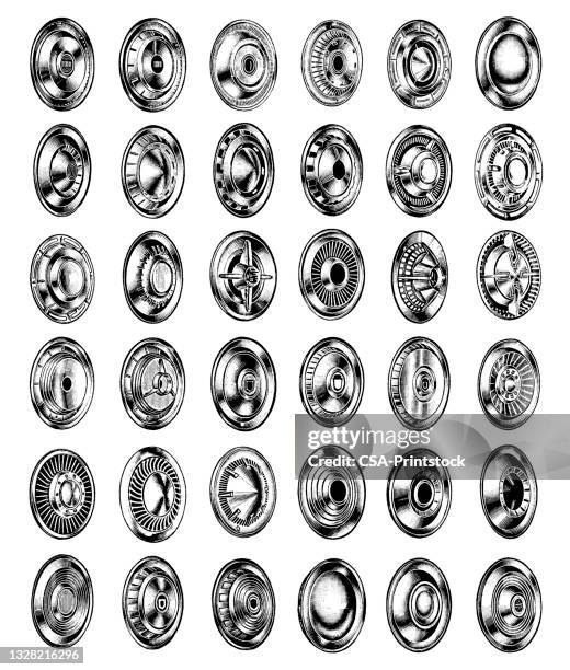 various hubcaps - wheel hub stock illustrations