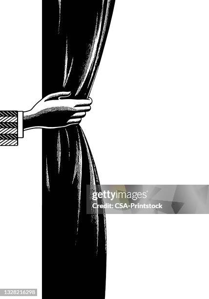 hand pulling curtain back - pulling back curtain stock illustrations