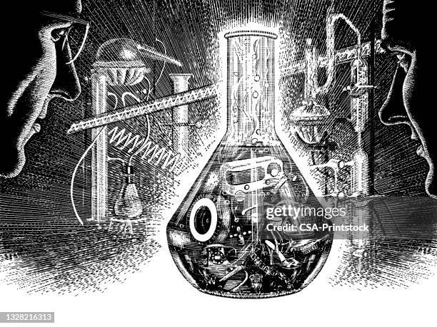 men looking at science lab - chemical reaction stock illustrations