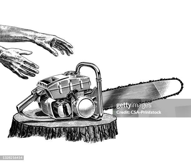 hands reaching for chainsaw - chainsaw stock illustrations