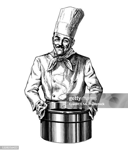 ilustraciones, imágenes clip art, dibujos animados e iconos de stock de chef sosteniendo una olla grande - oler comida