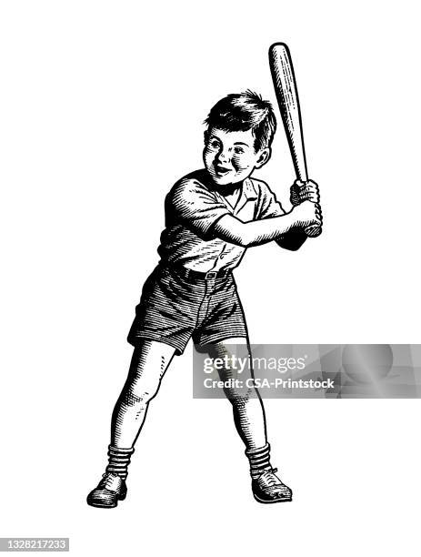 boy playing baseball - baseball batter stock illustrations