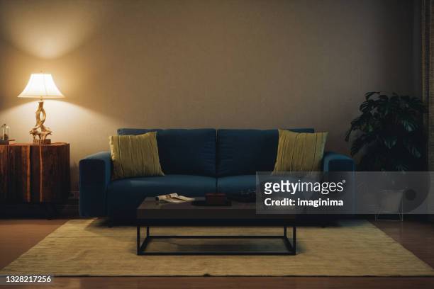 modern living room at night - living room stock pictures, royalty-free photos & images