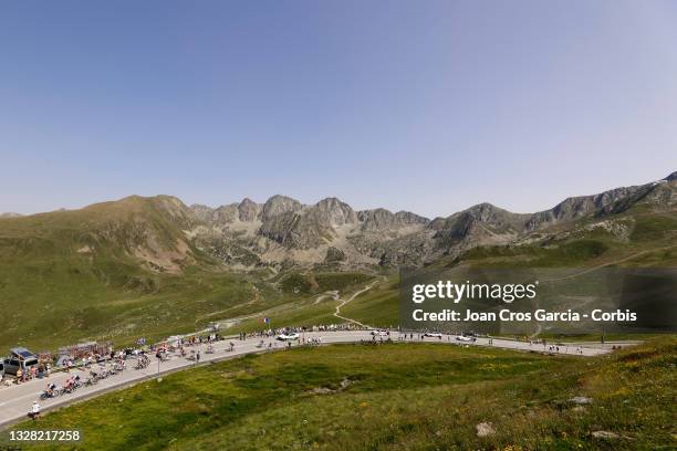 The peloton passing throgh Port d'en Valira pass during the 108th Tour de France 2021, Stage 15 a 147km stage from Céret to Andorra la Vella /...