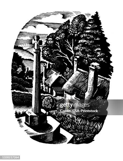 stone monument in a village - small town stock illustrations