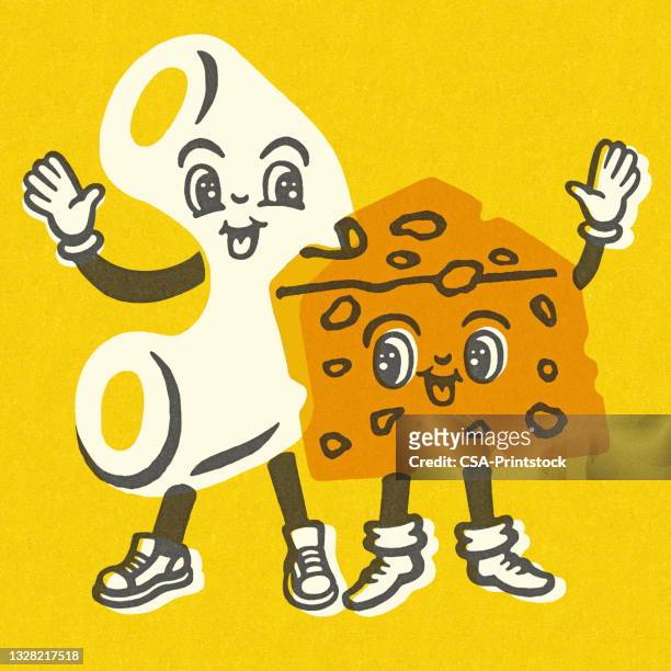 macaroni and cheese characters - cheddar cheese stock illustrations