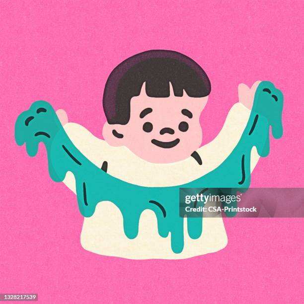 child playing with slime - girl pink background stock illustrations