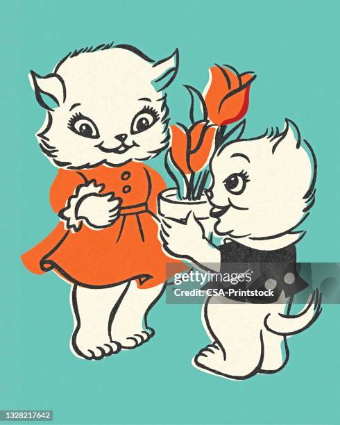zwei kätzchen und ein topf tulpen - tulips cat stock-grafiken, -clipart, -cartoons und -symbole