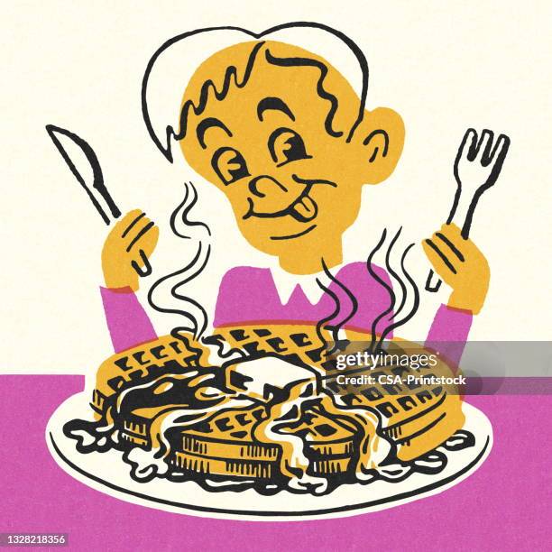 ilustraciones, imágenes clip art, dibujos animados e iconos de stock de niño comiendo waffles - waffle