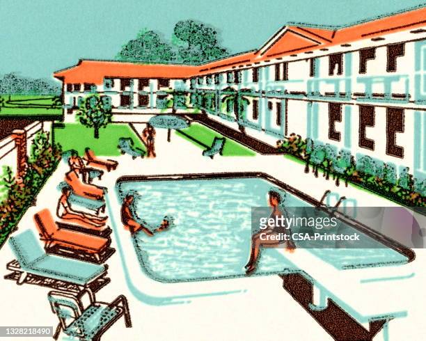 stockillustraties, clipart, cartoons en iconen met hotel pool - motel