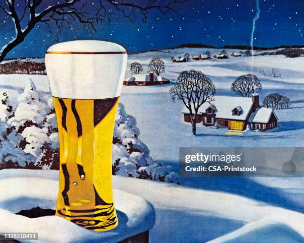 cold beer and winter scene - beer stock illustrations