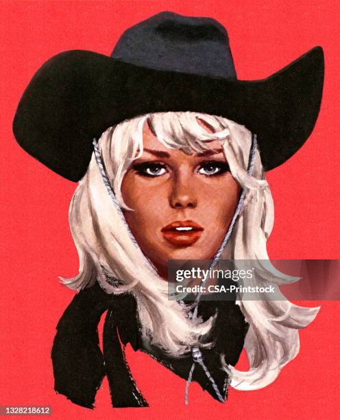 porträt eines cowgirls - cowgirl hairstyles stock-grafiken, -clipart, -cartoons und -symbole