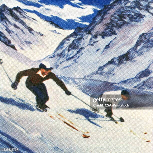 vintage illustration of two men skiing in mountains - ski stock illustrations