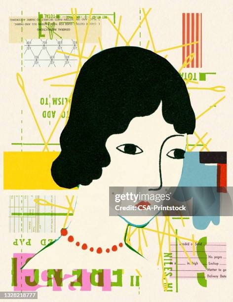 ilustraciones, imágenes clip art, dibujos animados e iconos de stock de ilustración collage de mujer con patrones de fondo - necklace