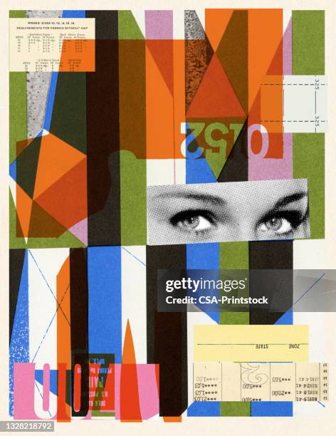 stockillustraties, clipart, cartoons en iconen met collage illustration with geometric shapes and eyes of woman - samengesteld beeld