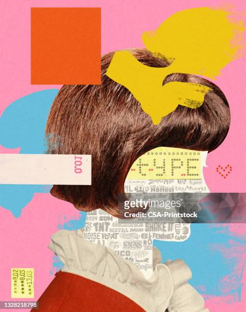 illustrazioni stock, clip art, cartoni animati e icone di tendenza di illustrazione collage con colpo alla testa di donna - composizione