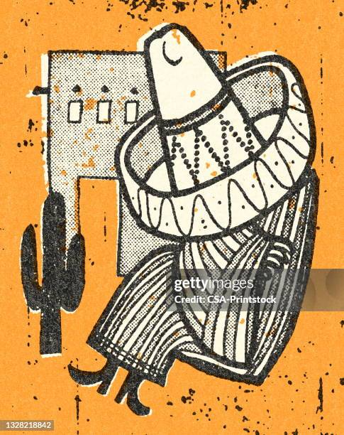 mexican taking a rest - cactus sombrero stock illustrations