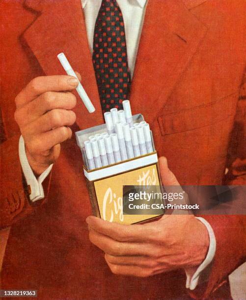ilustraciones, imágenes clip art, dibujos animados e iconos de stock de hombre sosteniendo un paquete de cigarrillos - cigarette pack