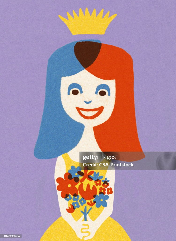 Happy Girl with Bouquet and Crown