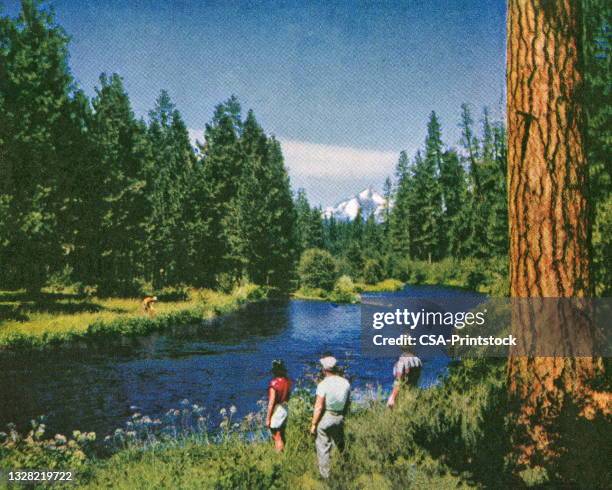 three people by a lake in the wilderness - pine forest stock illustrations