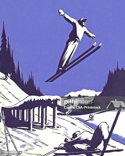 skifahrer fliegt von einer schanze - ski jumping stock-grafiken, -clipart, -cartoons und -symbole