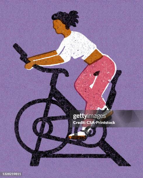 woman riding an exercise bike - spin class stock illustrations