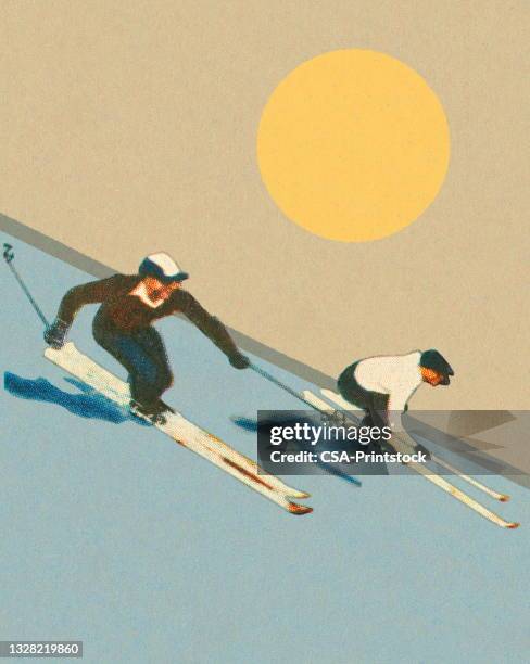stockillustraties, clipart, cartoons en iconen met two skiers racing down a hill - ski