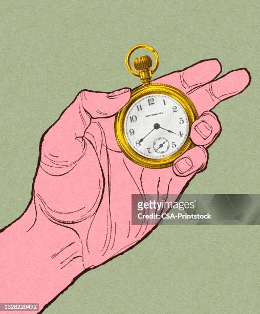 stockillustraties, clipart, cartoons en iconen met hand holding a pocket watch - clock hand