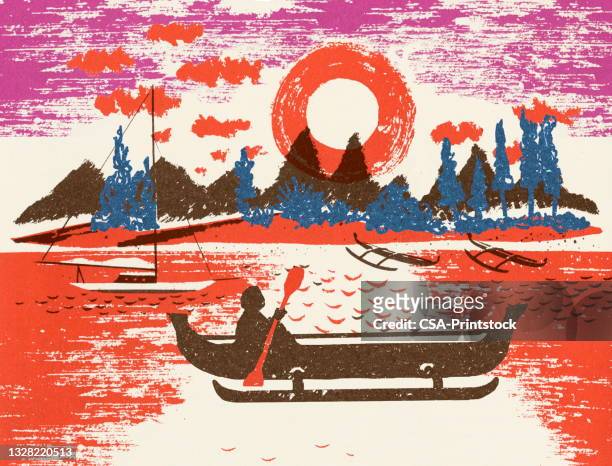 person paddling a boat by an island - south pacific ocean stock illustrations