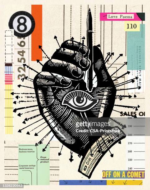 collage of a hand pen and eye - modern art stock illustrations
