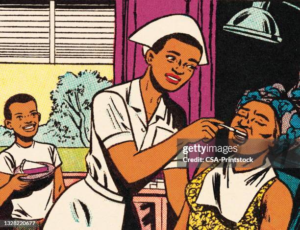 nurse taking temperature of a woman - uniform stock illustrations stock illustrations