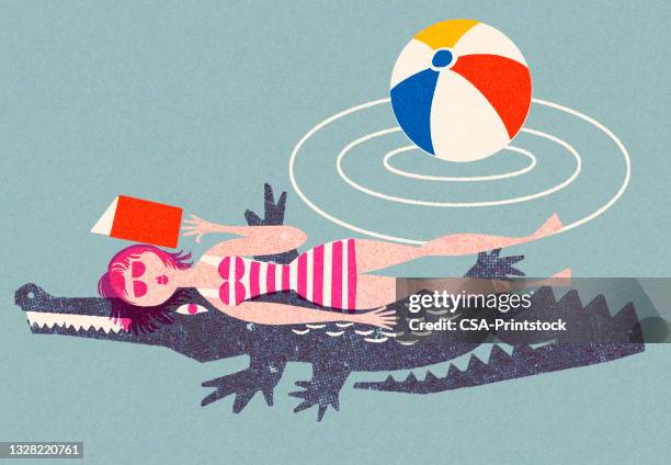 frau auf einem alligator liegend - echte krokodile stock-grafiken, -clipart, -cartoons und -symbole