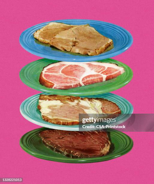 ilustrações de stock, clip art, desenhos animados e ícones de plates with slices of meat - kitsch