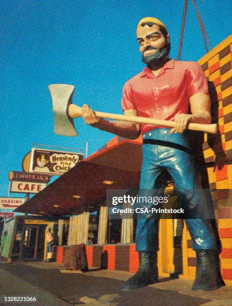 illustrations, cliparts, dessins animés et icônes de statue géante de paul bunyan dans un café - roadside